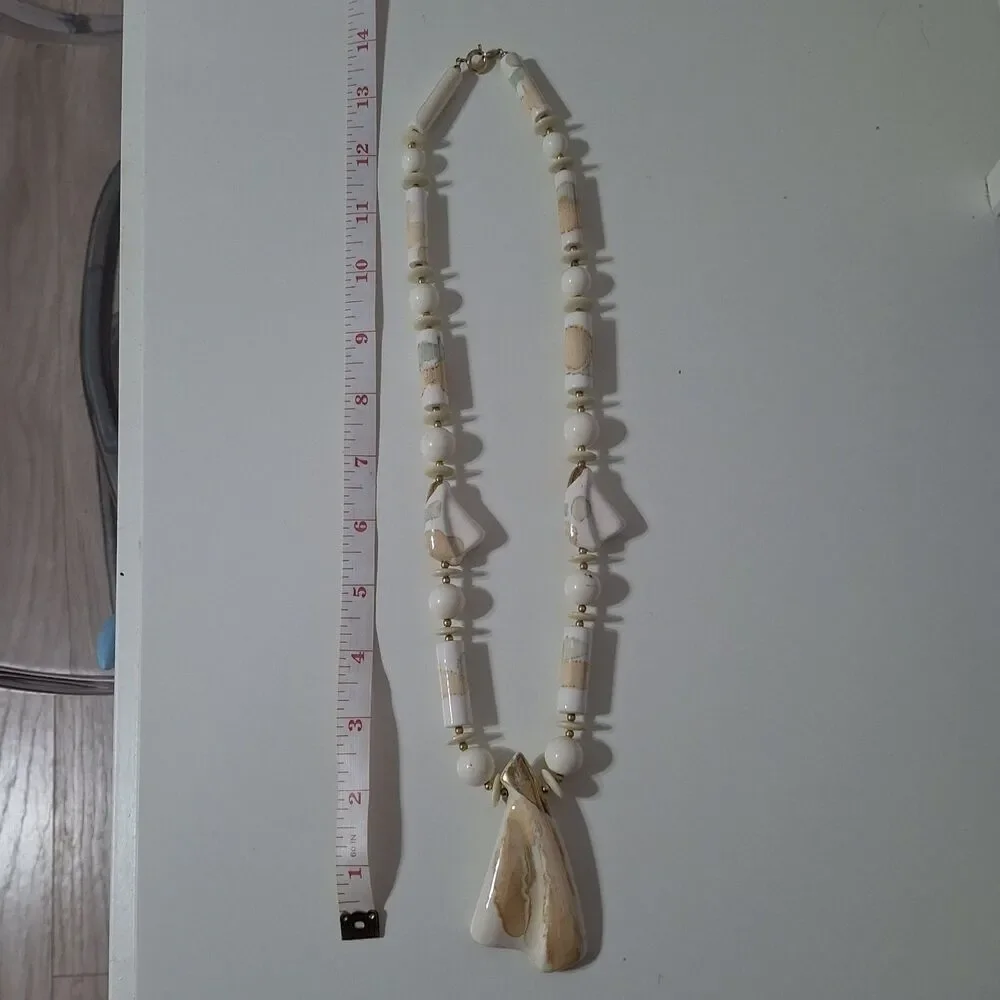 White Beige Gold Tone Japan Ceramic Round Beaded Statement Pendant Necklace
